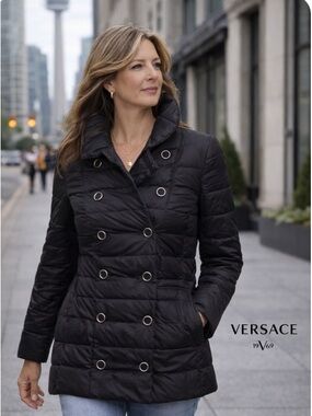 VERSACE ITALIA 3/4 PUFFER, DOUBLE BREASTED, DOWN MIX, SZ SM., BUTTON POCKETS,